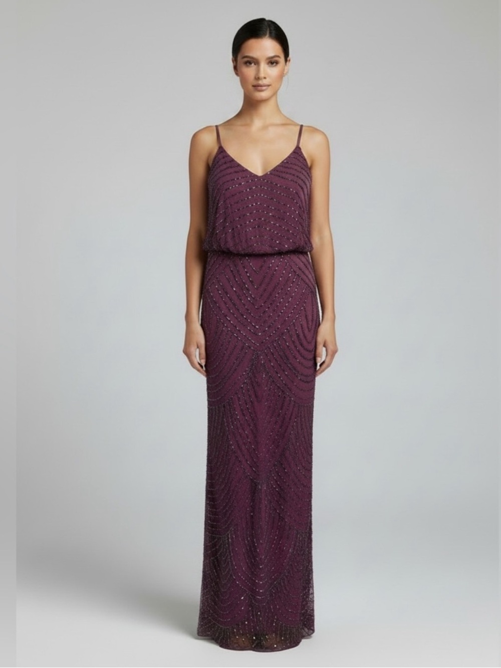 Adrianna Papell Beaded Maxi Dress Burgundy Purple Formal Evening Gown Size 6
4